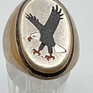 Navajo Sterling Silver Eagle Ring - Size 12.5 - Inlaid Onyx